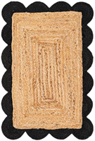 Tapis en jute fait main à bordure noire festonnée, style bohème et farmhouse, pour salon et chambre