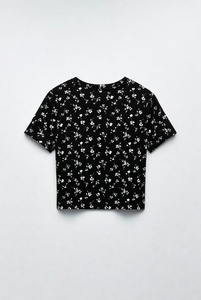 T-shirt court à imprimé floral pour femme, manches courtes, col rond, décontracté, été, respirant, jersey tricoté, 100% coton - Product Image 3