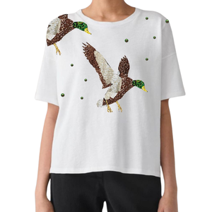T-shirt ample blanc pour femme avec imprimé canard colvert à paillettes, col rond, manches courtes, motif animalier décontracté, en tissu jersey - Product Image 2