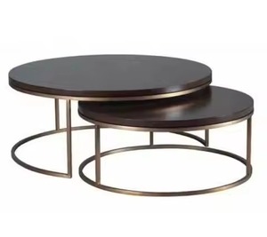 Juego de mesas nido de madera oscura de estilo rústico industrial, con base de metal, muy popular para oficina, recepción, salón, servicio de bebidas y té. - Product Image 1
