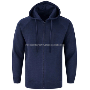 Sweat-shirt à capuche pour homme, bleu marine, fermeture éclair intégrale, manches raglan, coton tricoté, décontracté, coupe classique, pour l'automne - Product Image 1