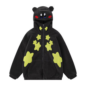 Veste à capuche en polaire noire avec oreilles d'ours et appliques étoiles jaunes, manteau d'hiver décontracté pour femme - Product Image 6