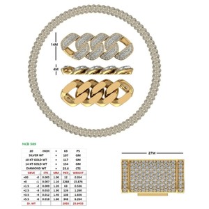 Collier tendance maille cubaine plaqué or 14K, diamant de laboratoire taille brillant 25,65 carats, serti pavé, style hip-hop, fermoir boîte, IGI - Product Image 2