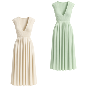 Robe midi côtelée en nylon uni à col rond et manches courtes pour femme – Confortable et respirante – Fournisseur de vêtements en gros - Product Image 1