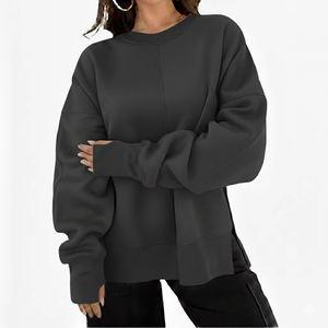 Womens Light <b>Grey</b> Solid Split Hem Oversized Crewneck <b>Sweatshirt</b> Long Sleeve Casual Streetwear Activewear OEM ODM Wholesale - Product Image 2