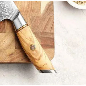 Cuchillo de Chef Moderno Personalizado Hecho a Mano por Burraq, Hoja de Acero de Damasco de 8 Pulgadas y 3.0 mm de Grosor, Mango de Madera, Funda de Cuero - Product Image 3