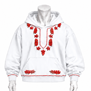 White Indus Embroidered <b>Hoodie</b> Traditional Floral <b>Stitching</b> Kangaroo Pocket Relaxed Fit Casual Streetwear Winter Pullover Top - Product Image 1