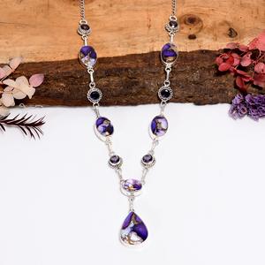 Collar de Plata de Ley con Amatista Turquesa y Rosa Púrpura, Joyería Boho Hecha a Mano, Regalo para Ella, Colgante - Product Image 1