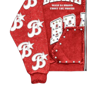 All Over Lettering Studded Hood Zippered Breathable Rhinestone <b>Hoodie</b> - Product Image 2