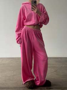 Ensemble de survêtement rose à capuche pour femme, manches longues, fermeture éclair, coupe décontractée ample avec poches latérales, taille élastique, style printemps - Product Image 5