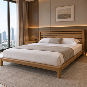 Cadre de lit en teck massif, lit plateforme moderne avec tête de lit à lattes, taille King ou Queen, meubles de chambre à coucher - Product Image 6