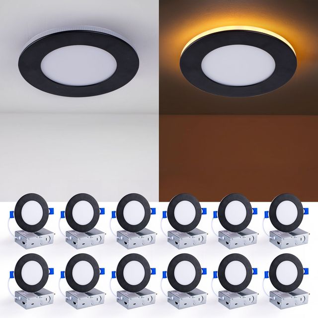12 Pack 4 Inch Black Recessed Wafer Downlight 9W 800LM Dimmable Canless Soffit Light 5CCT 2700K-5000K 120V