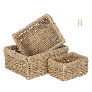 Handmade Seagrass <b>Storage</b> Baskets Rectangle Woven Basket With Lid Natural Color Rustic Style Double Tier For Bathroom Neatening - Product Image 2