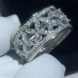 Anillo de compromiso de plata de ley 925 con diseño de flor de diamante simulado de corte marquesa, estilo hip hop, para mujer - Product Image 4