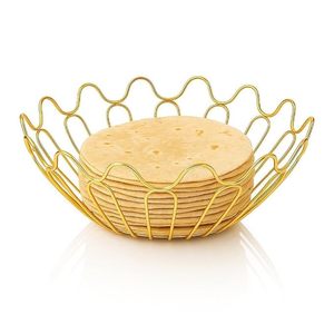 Gold Finish Decorative Wire <b>Basket</b> Tray with Round Center Base Elegant Fruit Serving Bowl Home Decor Accent Metal & Wood <b>Basket</b> - Product Image 4