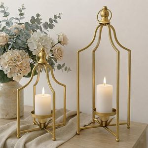 Luxury Gold Metal <b>Lantern</b> <b>Candle</b> Holder Set Decorative Geometric <b>Candle</b> Stand Elegant Table Centerpiece for Home Wedding Decor - Product Image 1