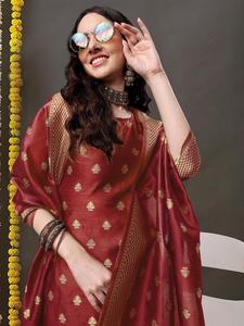 Women <b>Red</b> Traditional <b>Silk</b> Suit With Gold Foil Print Dupatta Regular Fit Floor Length For Diwali India Pakistan Style - Product Image 3