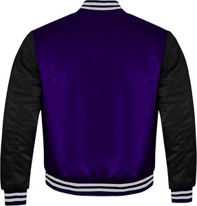 Chaqueta universitaria retro casual de satén con mangas negras multicolor y línea blanca para mujer - Product Image 1