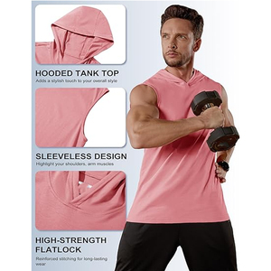 Men's Hooded Sleeveless Tank <b>Top</b> Solid <b>Pink</b> Quick Dry Casual Workout <b>Vest</b> Knitted Polyester Fit Sportwear - Product Image 4