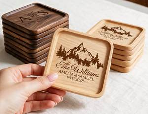 Personalized Custom Eco-Friendly Wood <b>Round</b> <b>Coaster</b> with Country Style Laser Engraved Pine Tree and Name - Product Image 2