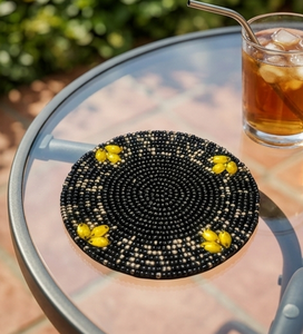 Black Yellow Beaded Coaster Handmade Round <b>Table</b> Decor Elegant Coffee Coaster Dining <b>Table</b> <b>Mat</b> Stylish Home Decoration Piece - Product Image 4