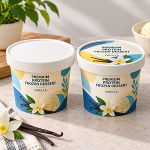 Dessert Glacé Protéiné Premium Vanille 500ml en Gobelet en Carton Imprimé Offset Qualité Alimentaire Jetable - Product Image 1