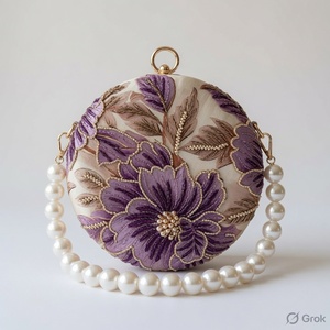 Pochette élégante en soie faite à la main, forme demi-lune, avec broderie florale, anse et fermeture à rabat, sac de soirée - Product Image 2