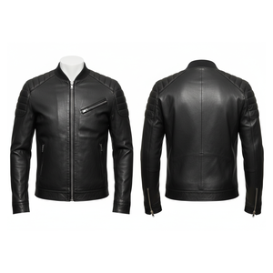 Blouson Bomber en Cuir Beige pour Homme, Col Montant, Fermeture Éclair, Épaules Matelassées, Style Sportif Moto Biker - Product Image 4