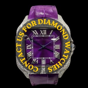 Montre pour homme personnalisée à cadran carré en verre avec chiffres romains, bracelet en cuir violet et diamants Moissanite – Nouveauté très prisée - Product Image 1