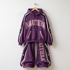 Ensemble de survêtement violet oversize pour femme avec détails en strass, pantalon large, sweat à capuche streetwear personnalisé, fournisseur en gros - Product Image 5