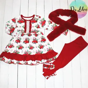 Wholesale floral warm children outfits & scarf decorate ruffles frock design girls clothes for Christmas designs