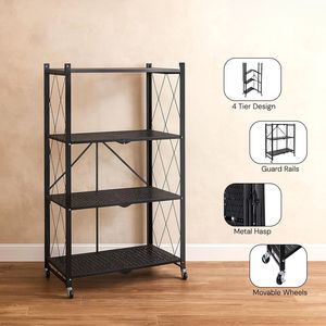 Étagère de rangement de cuisine pliable à 4 niveaux avec roulettes |   Chariot métallique robuste avec étagère mobile (noir) - Product Image 1