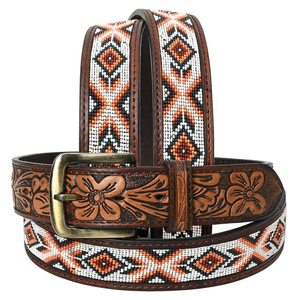 Premium Vintage Western Genuine Leather Pin Buckle Belt Geometric <b>Tooling</b> Beaded Inlay Handcrafted Cowboy Style Belt - Product Image 1