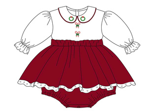 Woven cotton 100% Vintage style <b>Red</b> color Casual shirts embroidered Baby Girl Top & Bubble Skirt Set OEM Service - Product Image 5