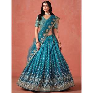 Superbe Lehenga Choli en Georgette Brodé Bleu Grande Taille pour Sangeet - Product Image 3