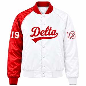 Delta |   Sigma |   Chaqueta Universitaria de Satén en Contraste Rojo y Blanco para Mujer de Theta Sorority, con Botones a Presión en la Parte Delantera, Cuello y Puños de Punto Acanalado - Product Image 3