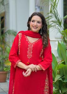 Conjunto de traje Salwar rojo de algodón hasta el tobillo con bordado y dupatta, ropa étnica tradicional para mujer, India, Pakistán, informal - Product Image 5