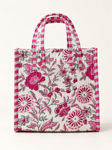 Sac fourre-tout matelassé en coton pour femme Veer Handicrafts QB-002, imprimé palmiers tropicaux rayés bleus, poignées vertes, fermeture éclair, plage - Product Image 3