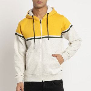 Sweat-shirt à capuche zippé pour homme, couleur crème jaune, avec blocs de couleur contrastés, en molleton, manches longues, cordon de serrage, style streetwear décontracté - Product Image 1