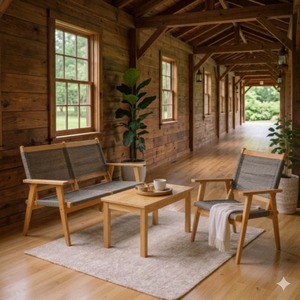 Conjunto de Muebles de Madera con Cordón Tejido Plegable y Duradero, Estructura de Madera Contrachapada de Pino Americano, para Uso en Exteriores, Jardín, Hotel, Granja u Oficina - Product Image 5