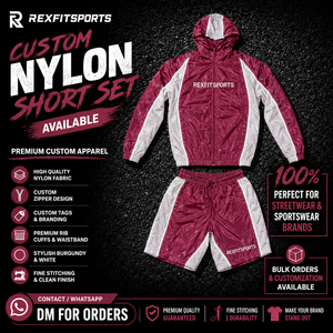 REXFIT SPORTS 2026 Ensemble de survêtement personnalisé pour homme en nylon bordeaux et blanc, 2 pièces, veste coupe-vent à capuche et short, avec marque privée - Product Image 1