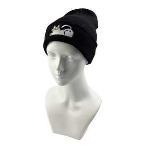 Custom Logo White <b>Cat</b> Embroidery Beanie <b>Hat</b> Unisex Adult Winter Casual Style Solid Black Cuffed Design - Product Image 3