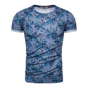 Camiseta Personalizada de Manga Corta para Hombre, Corte Ajustado, Estampado de Hojas Tropicales, Cuello Redondo, Transpirable, Tejida, Informal, para Verano - Product Image 5