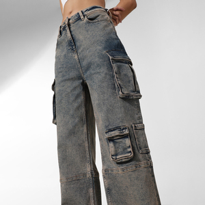 Jeans Cargo de Mezclilla para Mujer, Cintura Alta, Corte Holgado, Color Sólido, Lavado a la Piedra, Algodón, Casual, con Logotipo Personalizado - Product Image 5