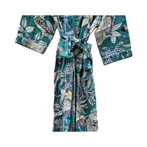 Peignoir Kimono en Voile de Coton 100% Élégant Femme Vert Imprimé Floral Décontracté Eté Vêtements de Plage Beige Taille Élastique Thermique Lisse - Product Image 5