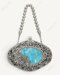 Natural Turquoise Gemstone <b>Clutch</b> | Handmade Silver Filigree Minaudiere | Luxury Bridal <b>Wedding</b> Evening Bag for Women Oval Purse - Product Image 3