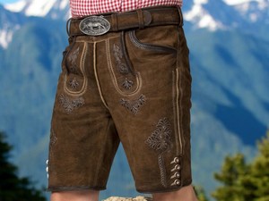 Shorts en cuir marron clair délavé à taille haute pour homme avec broderie et ceinture, costume traditionnel bavarois pour l'Oktoberfest - Product Image 2