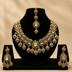 Austrian <b>Gold</b> Plated Crystal Stone Necklace <b>Set</b> with Earrings Maang Tikka | Indian Ethnic Bridal Wedding Anniversary <b>Jewelry</b> <b>Set</b> - Product Image 2