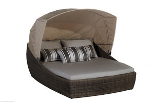 Modern Rattan Sun Lounger With Striped Canopy <b>White</b> <b>Cushions</b> Outdoor Patio Furniture Tropical Design Solid Back Durable - Product Image 2