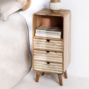 Mesita de Noche Moderna de Madera de Mango con 3 Cajones y Tejido de Ratán, Mesa Auxiliar para Dormitorio, Mueble para el Hogar - Product Image 1